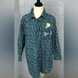 Vintage XL Tweety Bird Looney Tunes Blue Cotton Floral Button Down Shirt